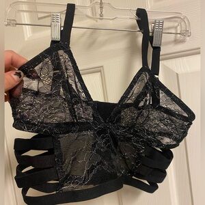 Fantasy lingerie Black silver lace cage Bralette bustier with elastic straps